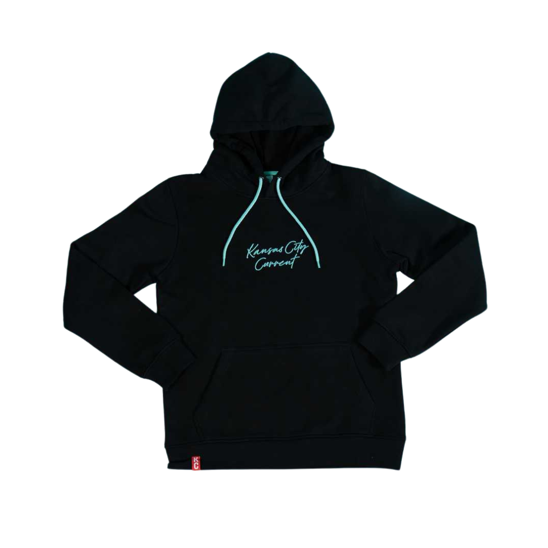Unisex Black Teal Script Hoodie Front