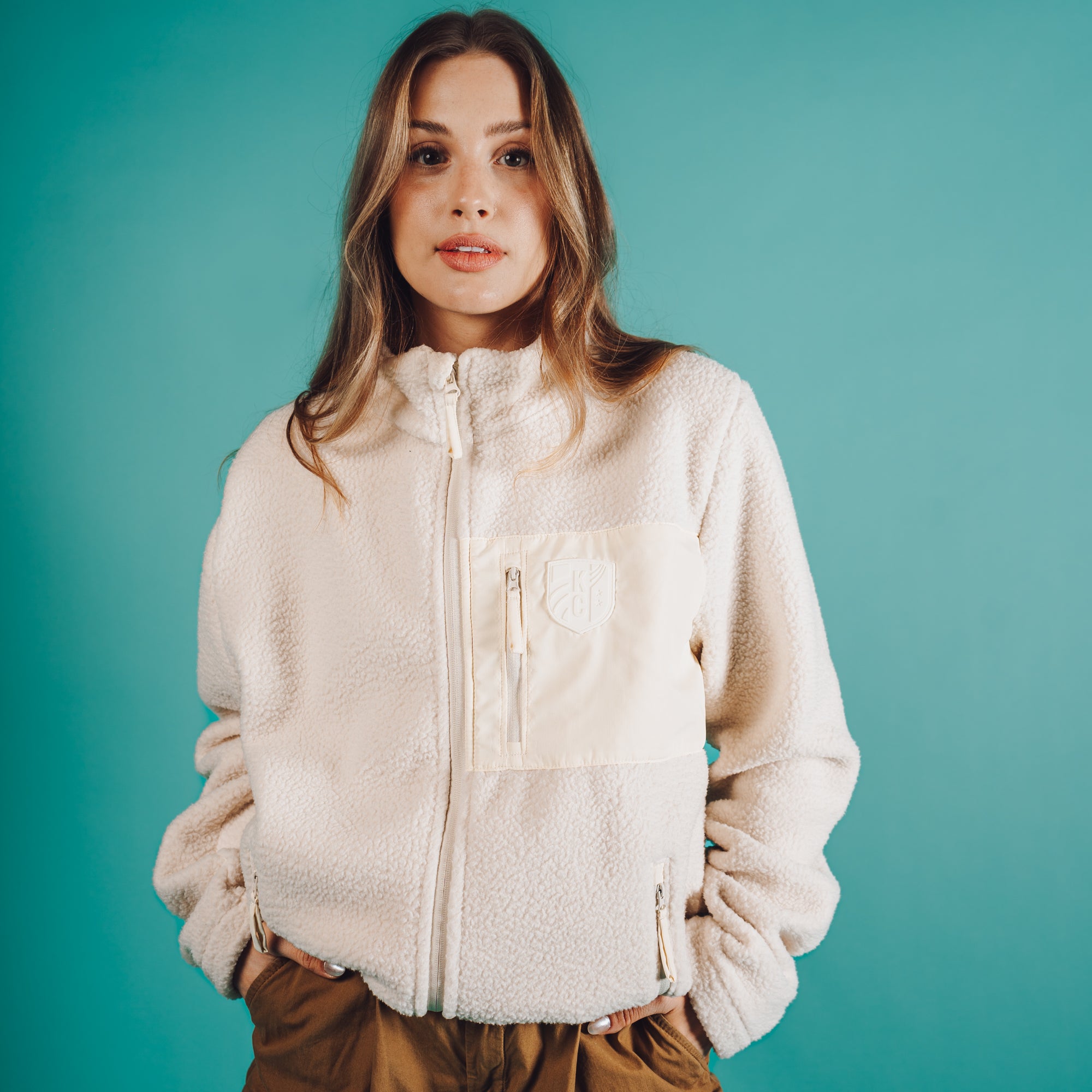 Unisex Cream Tonal Emboirdered Sherpa Jacket on Model