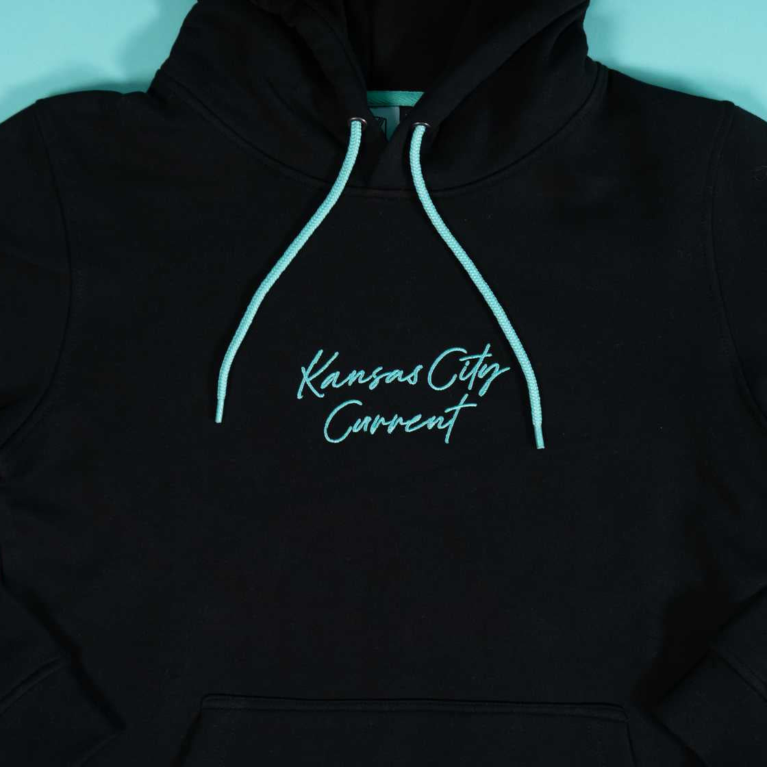 Unisex Black Teal Script Hoodie Front Zoomed In