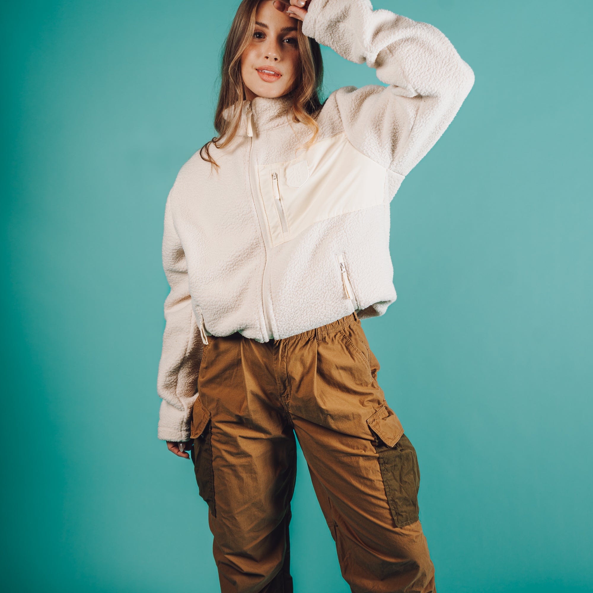 Unisex Cream Tonal Emboirdered Sherpa Jacket on Model