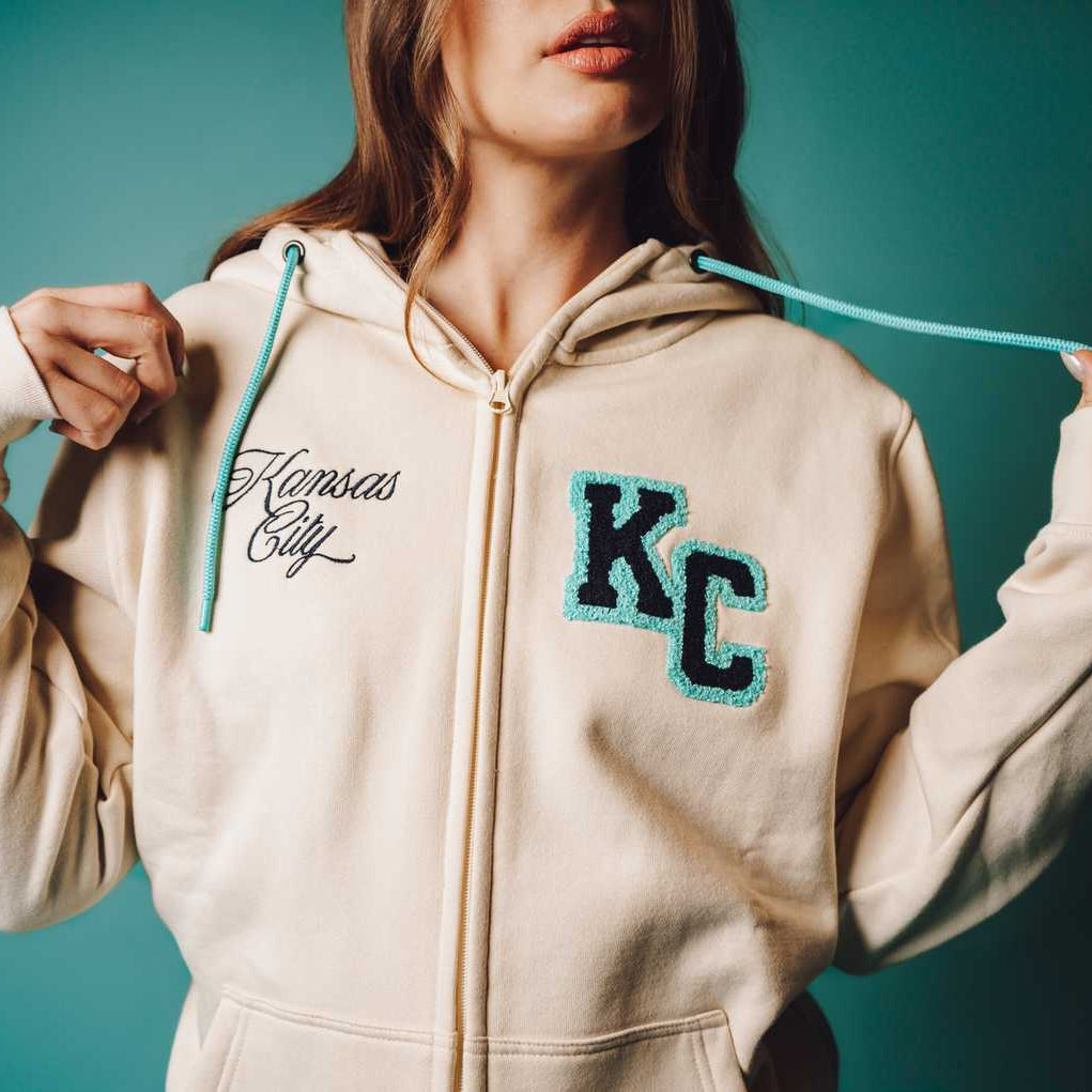 Unisex Full Zip Cream Hoodie on Model