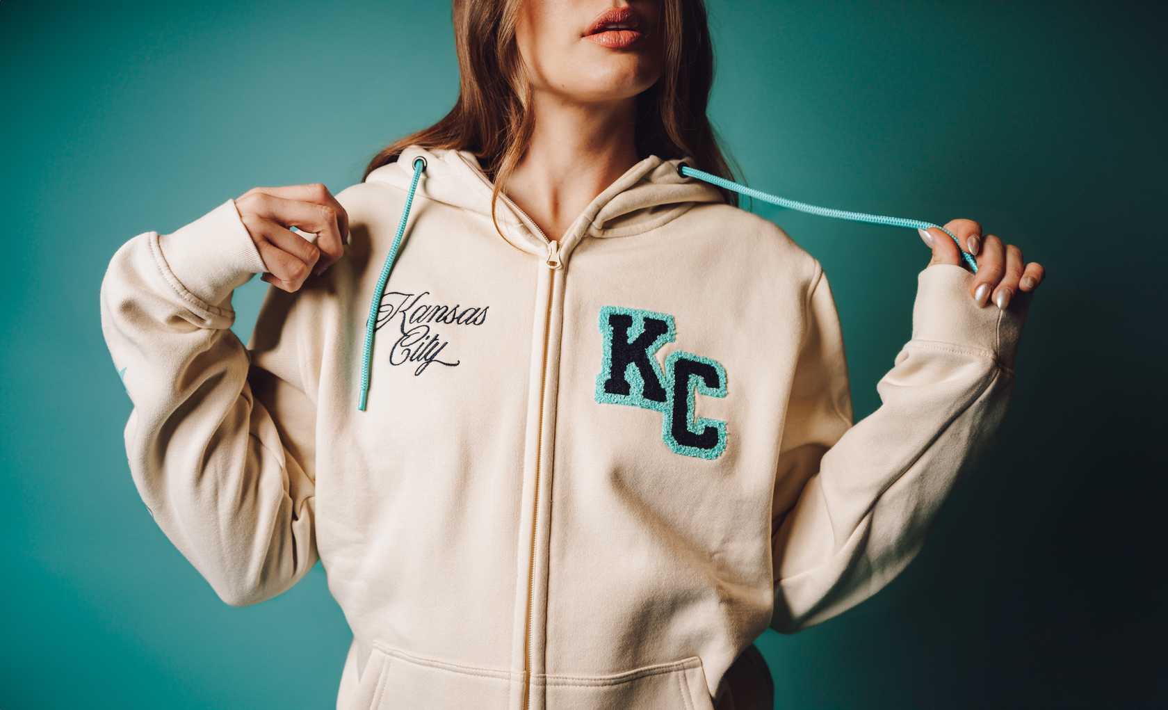 Unisex Full Zip Cream Hoodie on Model