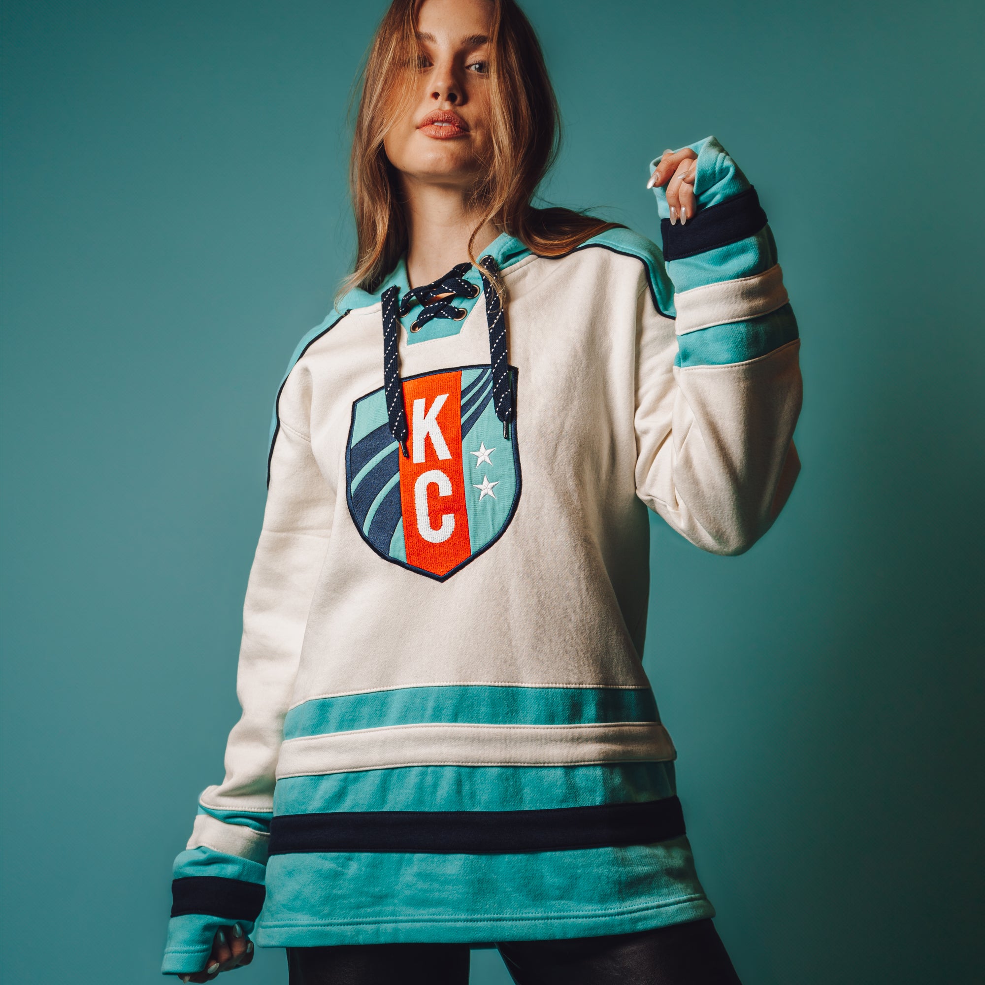 Unisex Teal Hockey Stripe Hoodie on Model