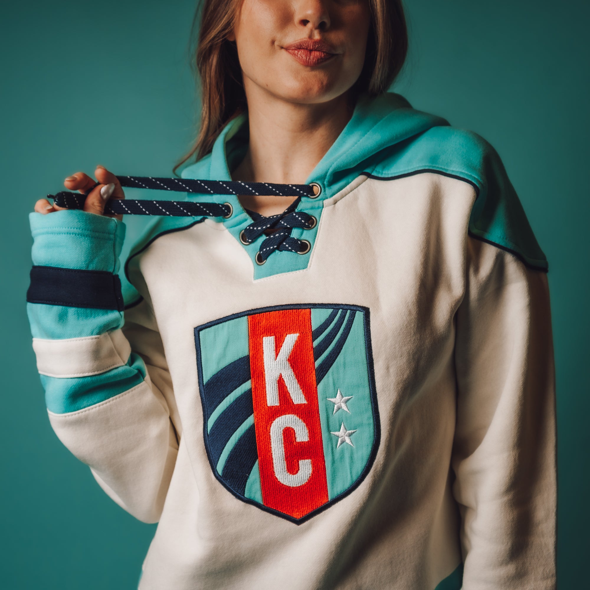 Unisex Teal Hockey Stripe Hoodie on Model
