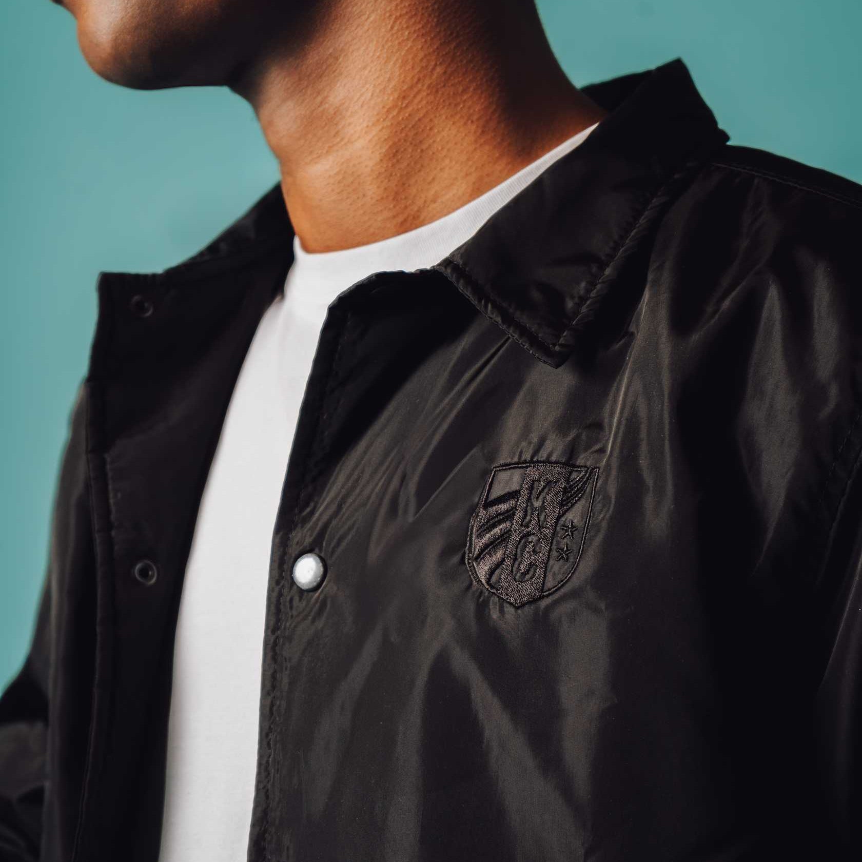 Unisex Black Tonal Coach Jacket Front Shoulder Crest