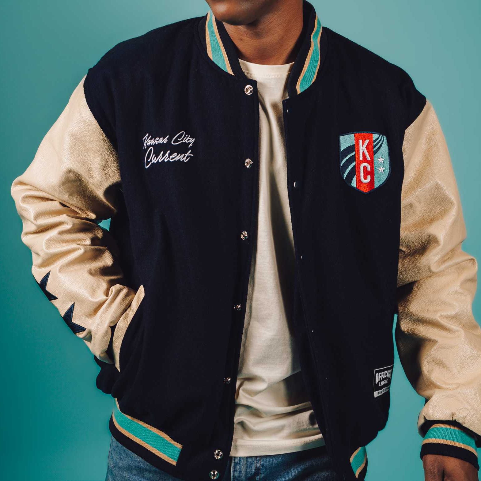 Unisex Navy Letterman Jacket Front on Model