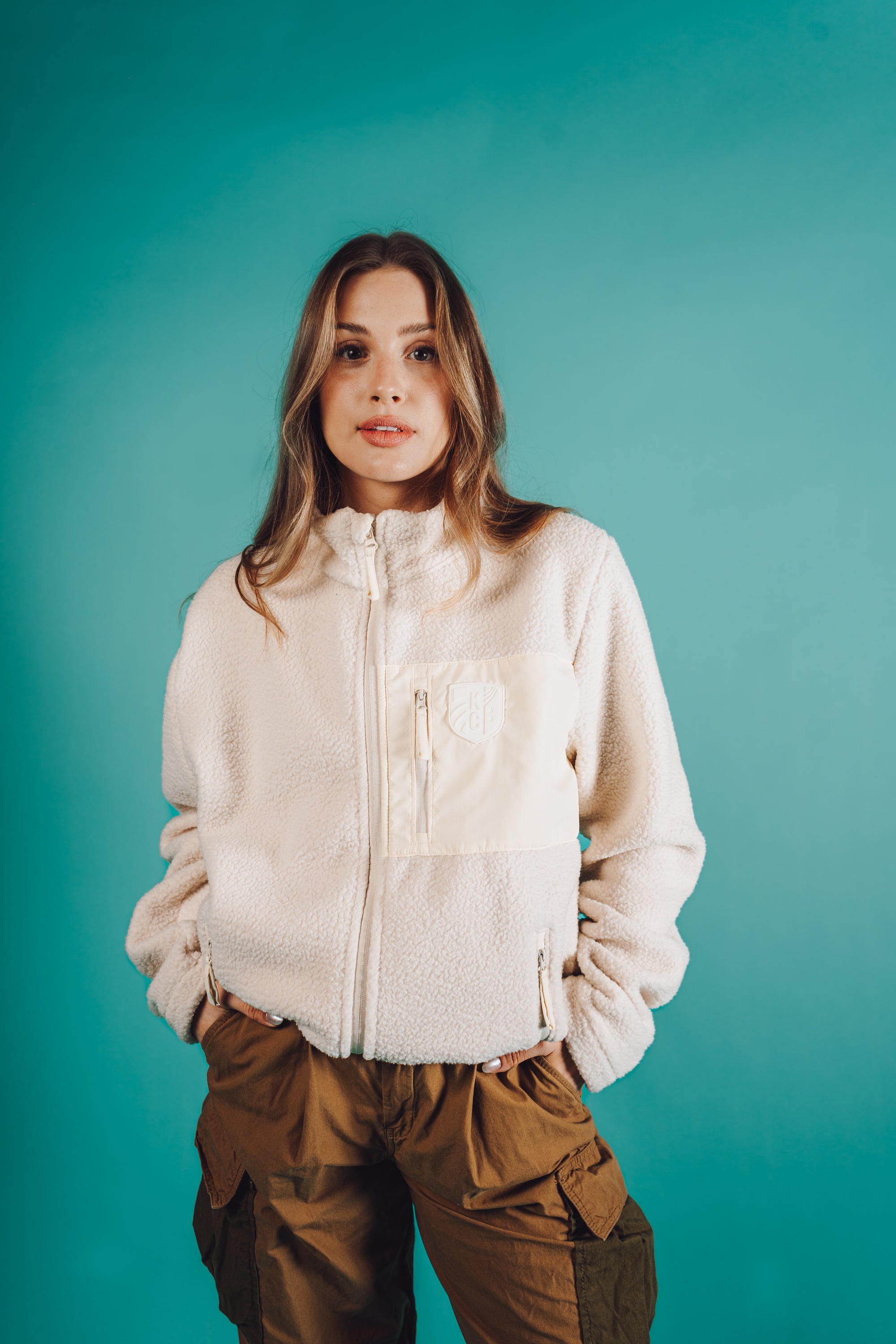 Unisex Cream Tonal Emboirdered Sherpa Jacket on Model