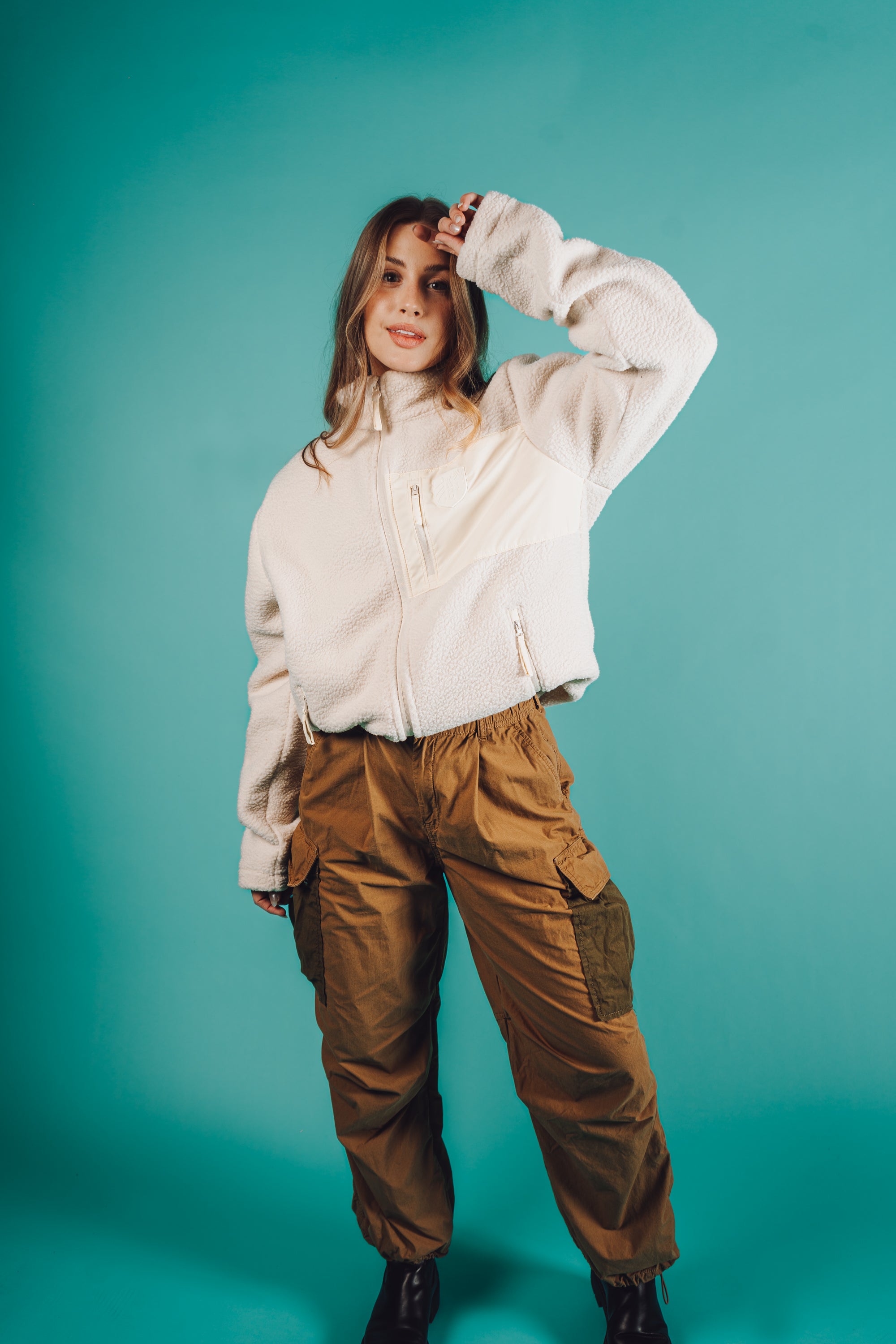 Unisex Cream Tonal Emboirdered Sherpa Jacket on Model