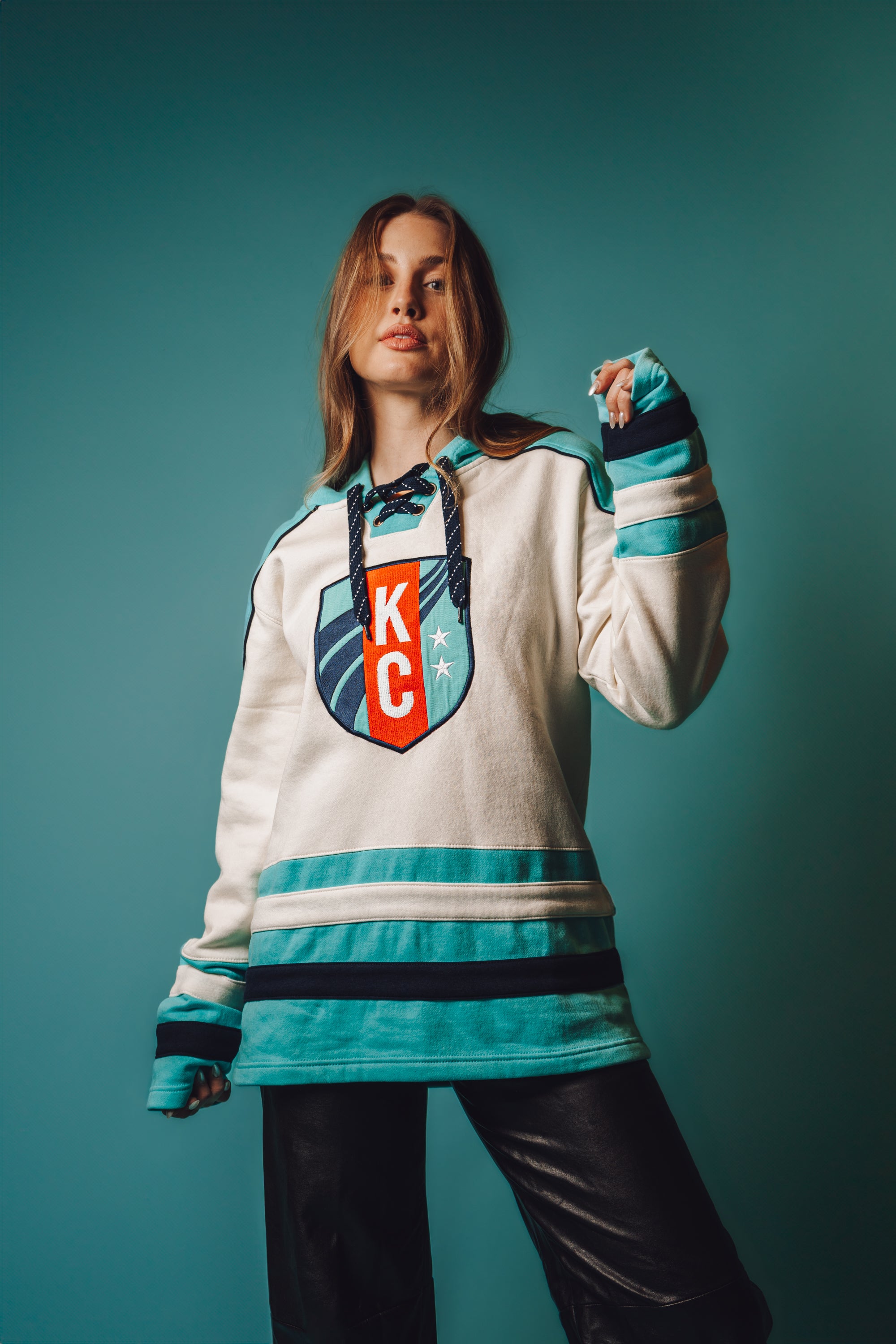 Unisex Teal Hockey Stripe Hoodie on Model